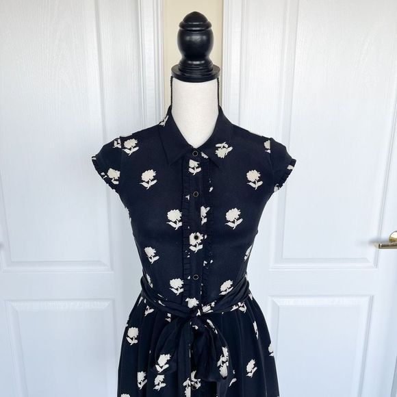 Kate Spade 100% Silk Size 0 Black White Contrast Floral Ruffled Belted Dress wit - Picture 2 of 11